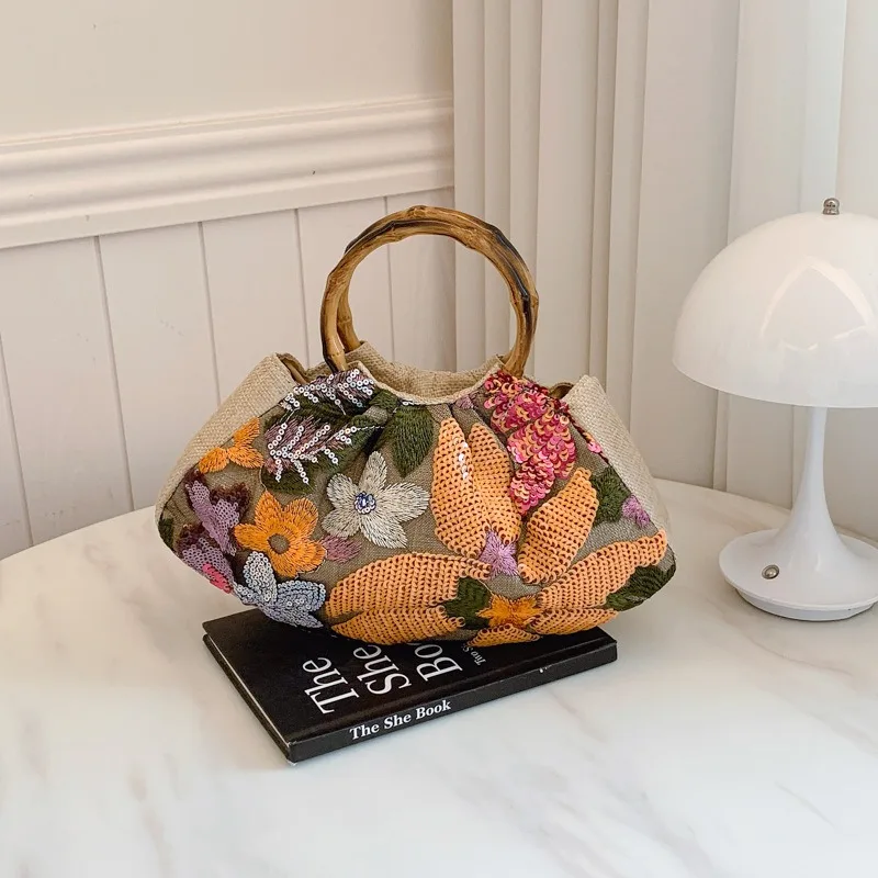 

New Chinese Style Heavy Industry Bamboo Handbag Women's 2026 Embroidered Flower Sequined Bamboo Leaf Bamboo Handbag Temperament