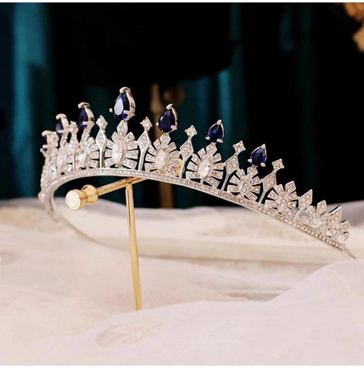 CC Luxury Crown Women Accessory Wedding Headpiece Engagement Hair Ornaments Bridal Dress Water Drop Shape Blue Color Tiara FO70
