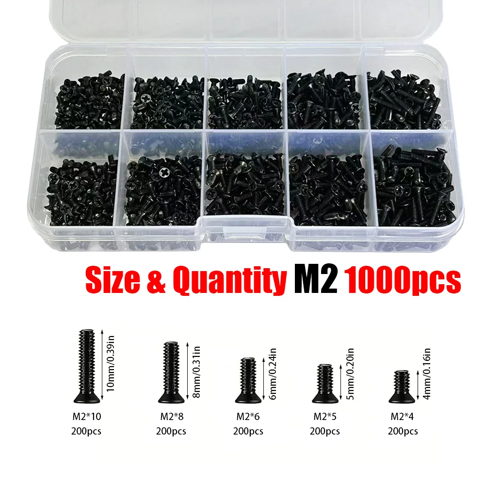 1000-piece M2 Black Flathead Phillips Screw Sorting Kit (4/5/6/8/10mm) for Computers, Tablets, Appliances, Toys, and Accessories