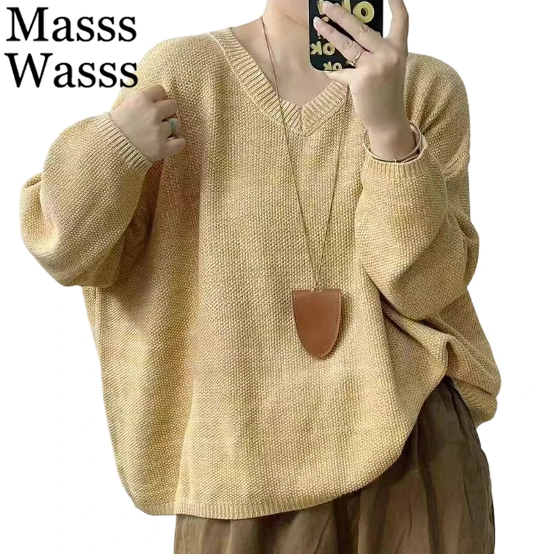 Masss Wasss 2025 Winter Korean Sweaters Womens Vintage Casual Classic V-neck Jumpers Ladies Soild Loose Elegant Cotton Pullover