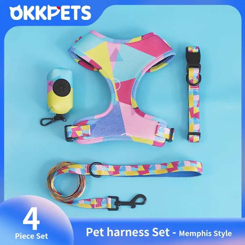 OKKPETS 4in1 Dog Harness&Collar&Leash&Poop Bag Accessories Polyester Memphis Style Pet Harness Set For Small Medium Large Dogs