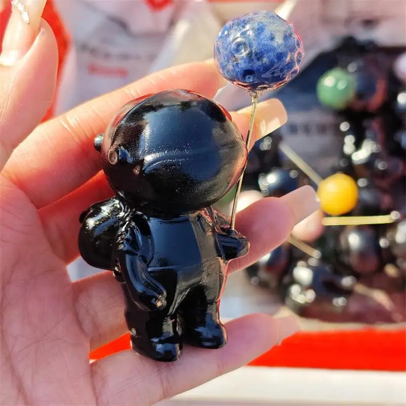 Natural Black Obsidian Spaceman Carving Healing Reiki Figurine Crystal Carving Statue Crafts Home Decorat Gift 1PCS
