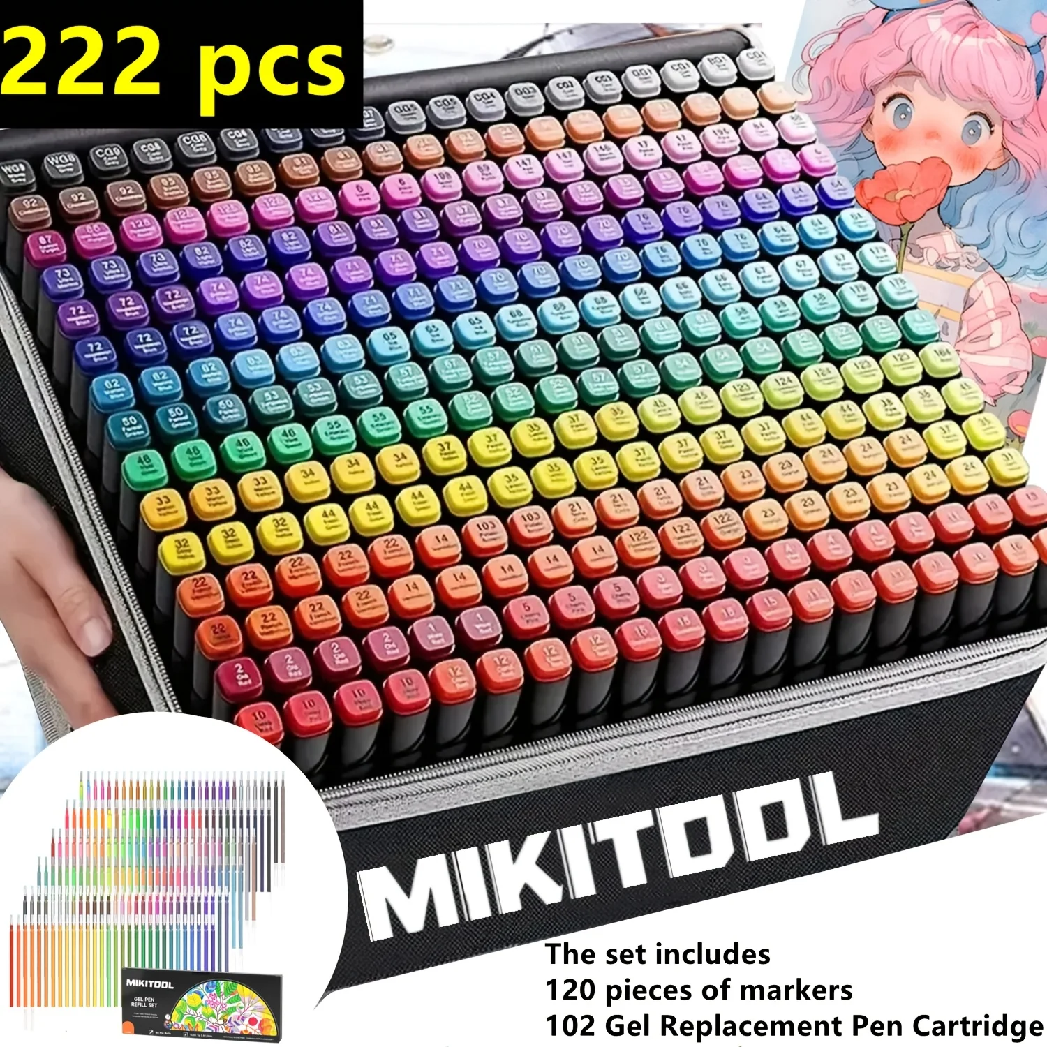 

222pcs Colors Double Tip Permanent Art Marker Pens for Drawing Painting Sketching Comics Design School Supplies (The Set Includes 120pcs Of Markers, 102 Gel Replacement Pen Cartridge)