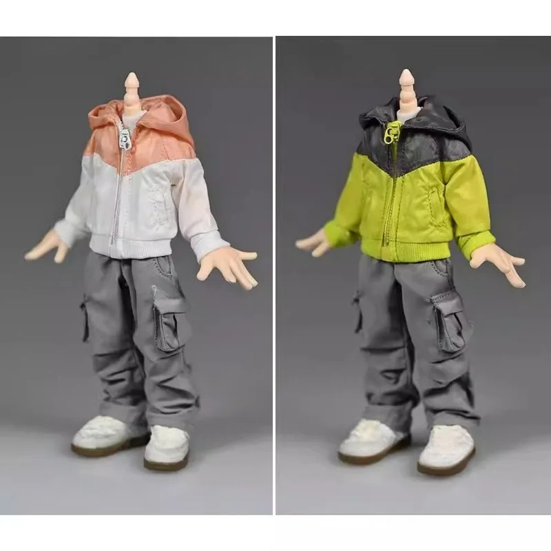 

1/12 Scale Toy Figures Multicolor Spliced Sports Jacket Top with Zipper Hooded Clothes Model for 6'' Dolls Body Accessories