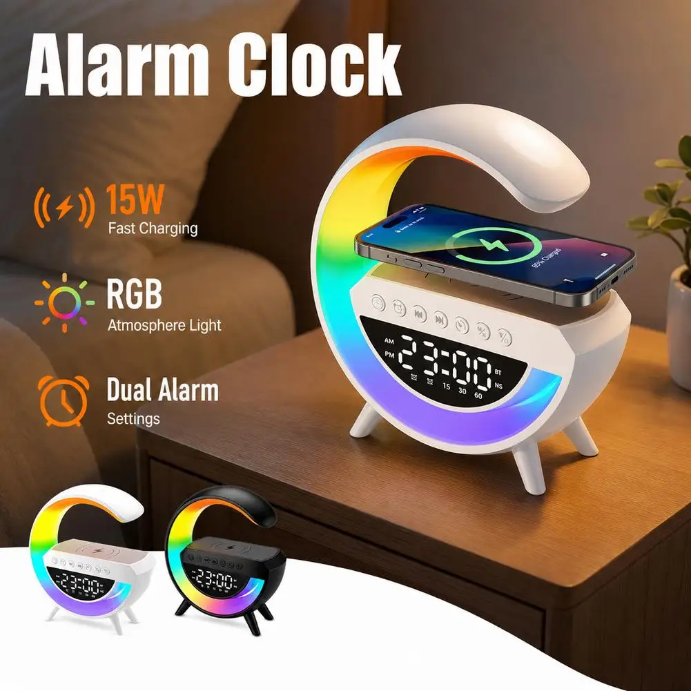 Multifunction Bedside Bluetooth Speaker 15W Wireless Charging RGB Night Light Digital Alarm Clock Desktop Audio Player