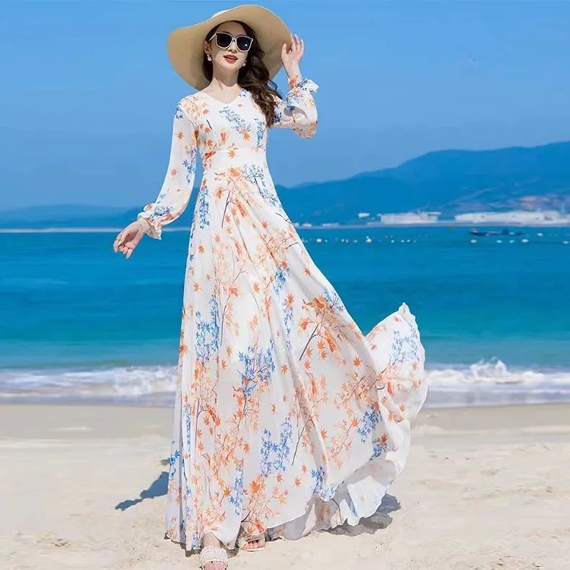 

Oversize Printing Dress 2024New Summer Women's Fashion Beach Dresses Loose Fairy Chiffon V-Neck Seaside Holiday Bohemia Vestidos