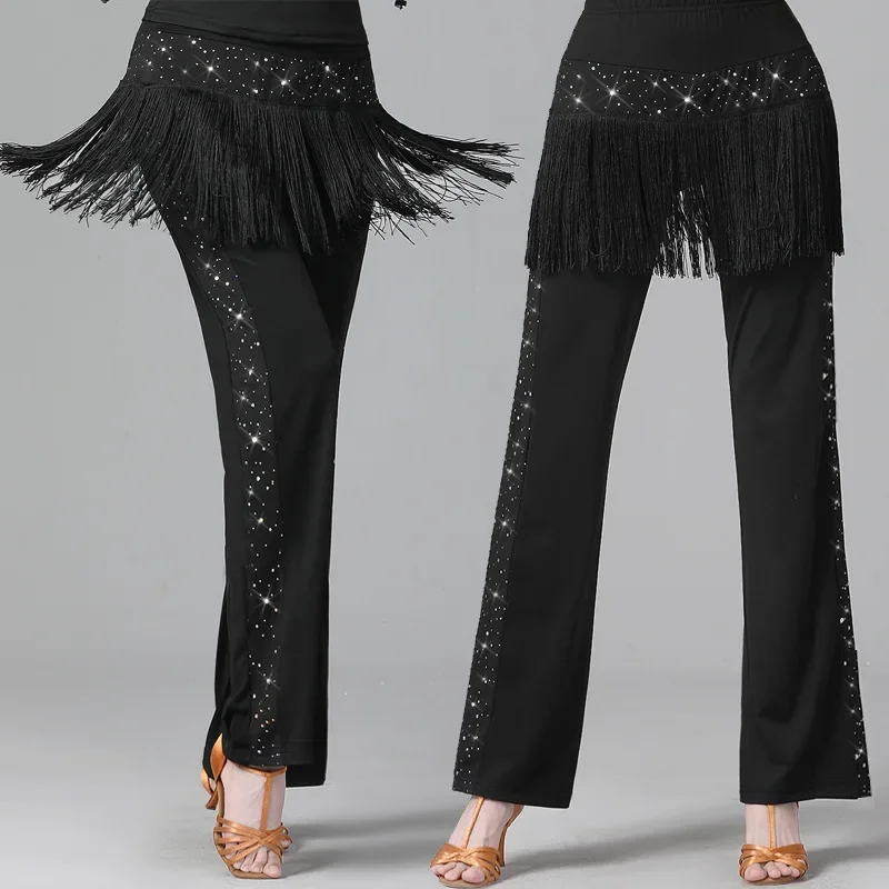 

Latin Dance Women Pure Black New Sequins Tassel Clothes Drape Full Squar Sailor Gitba Dance Party Dress Costume Dancing Pants