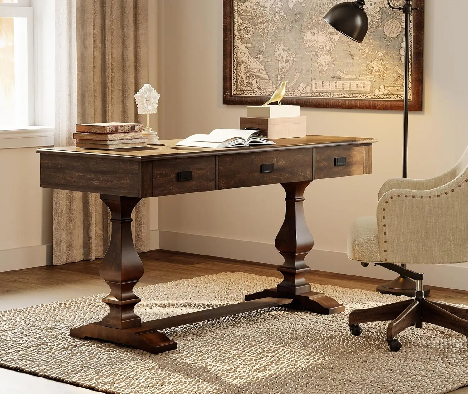 

60-inch Vintage Wood Home Office Desk with Stable Solid Wood Pedestral Legs, Tradional Rustic Executive Desk with Deep