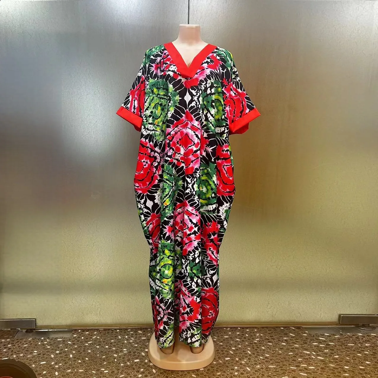 موضة جديدة فضفاضة جيب كبير الخامس طوق العرقية الشرق الأوسط 2024 الصيف الأفريقي طباعة Bubu حفلة السيدات مساء اللباس