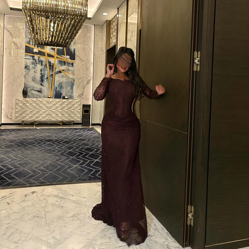 

Customized Square Collar Lace Evening Dress ILLUSION Full SLeeves Wtih Sweep Train Party Dress Mermaid Floor Length Prom Gown