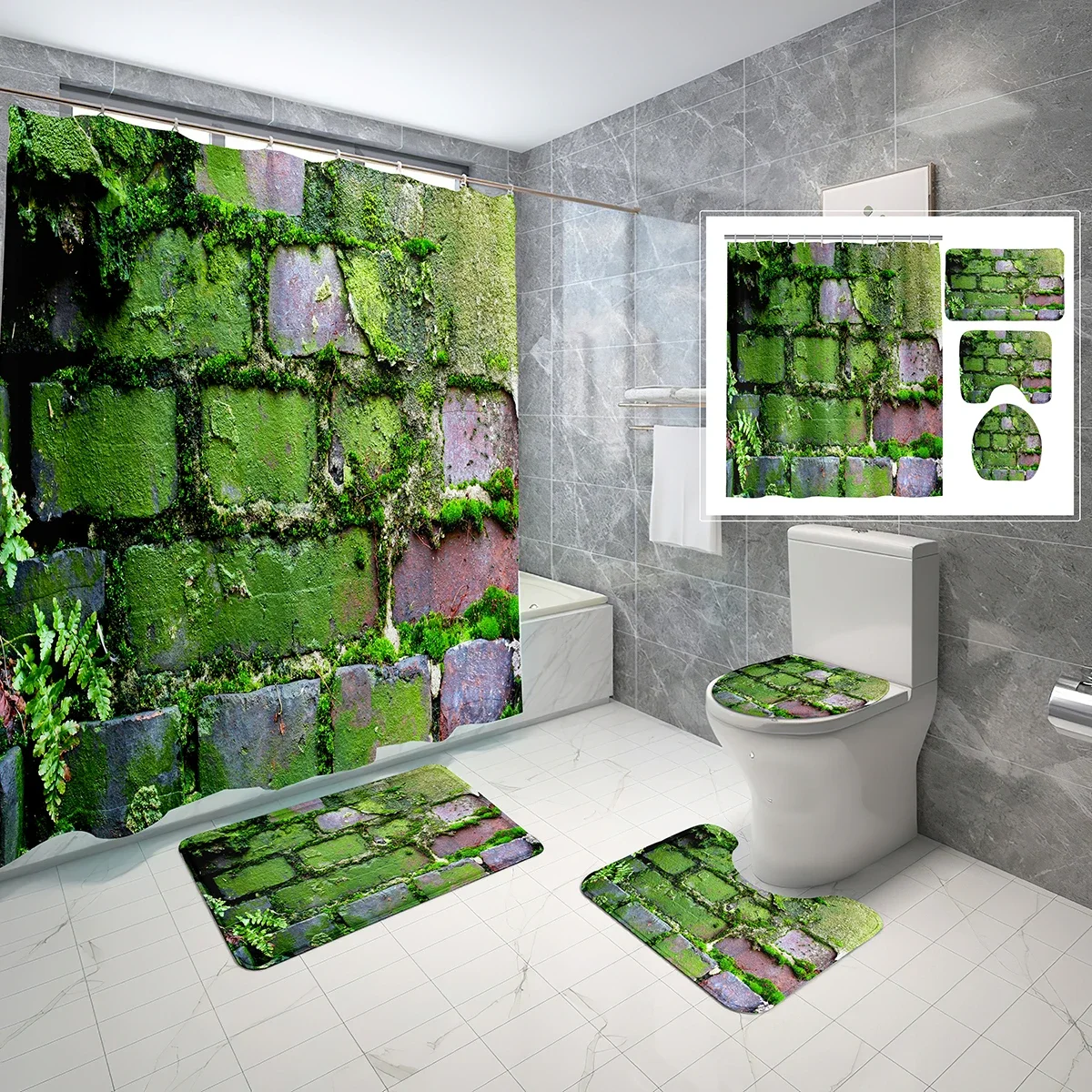 4 Pcs Bricks Wall Shower Curtain Sets with Toilet Lid Cover and Non-slip Bath Mat Purple Flowers Waterproof Shower Curtain Set
