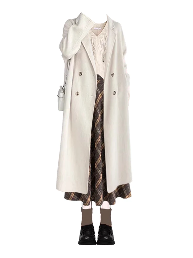 루즈 울 코트 티피스 세트 한국 스타일 가을 겨울 패션 독특하고 매력적인 스커트 앙상블 여성 의류