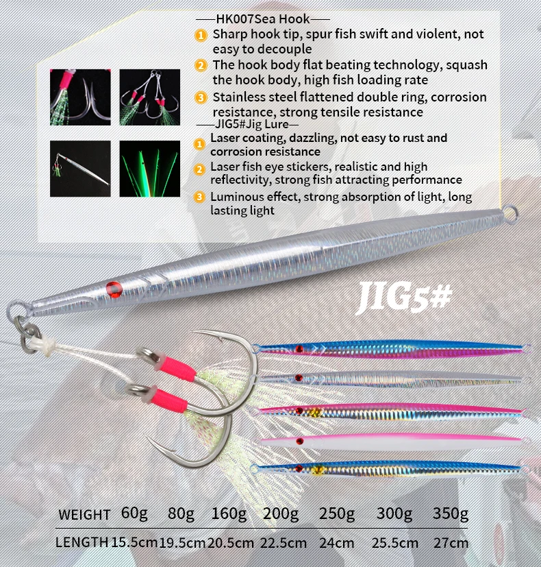OBSESSION J5 60g 80g 160g 200g 250g 300g 350g Metall Jig Angeln Köder sinking Jigbait Salzwasser Leuchtende Jigging Köder Mit Haken – Detail 4