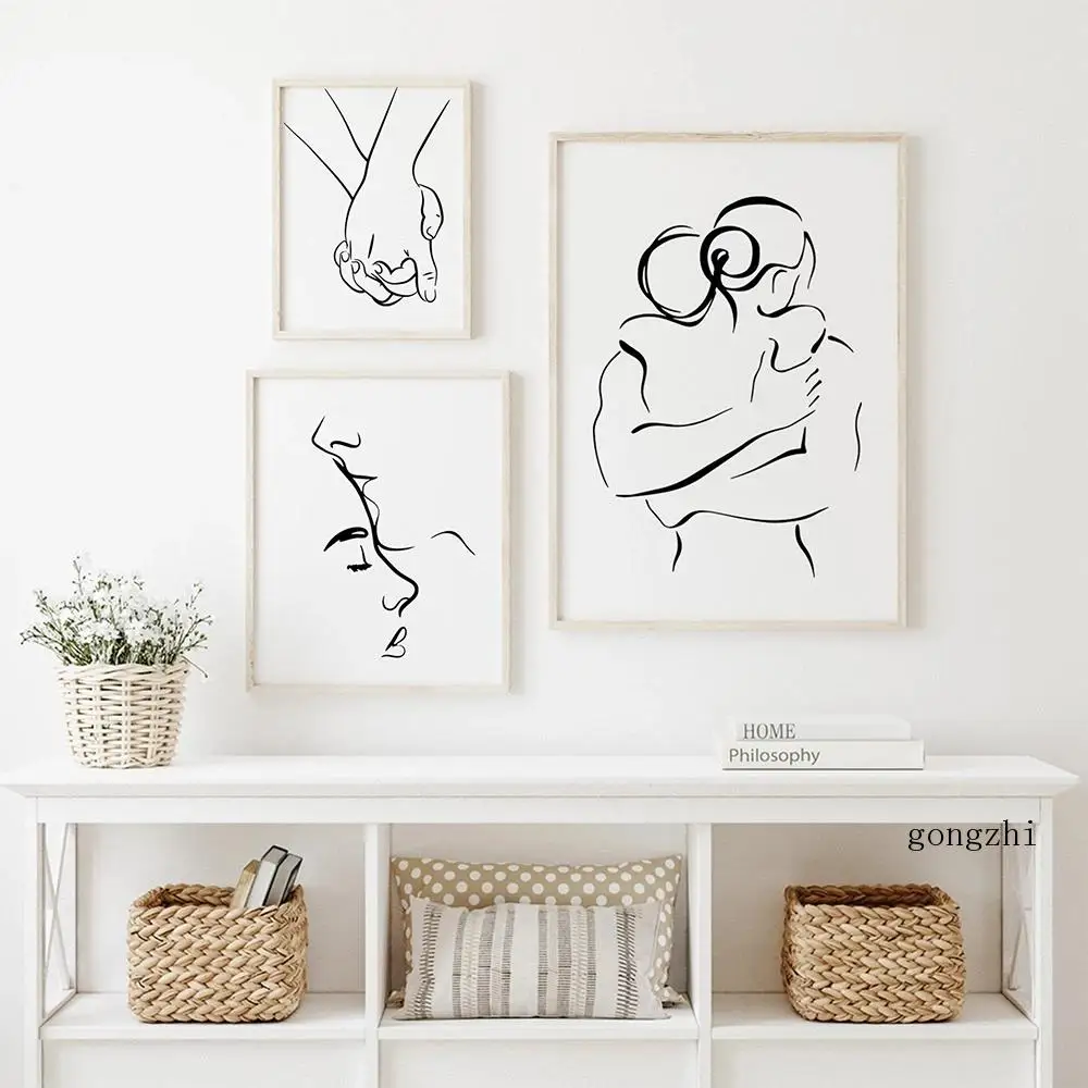 Romantic Love Couple Line Posters Kissing Hugging Hold Hands Canvas Painting and Prints Wall Art Pictures for Living Room Decor