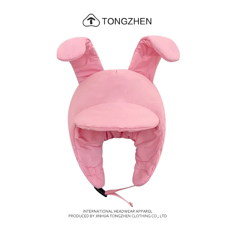 Y2K Pink Rabbit Ear Design Balaclava Caps for Women Autumn and Winter Fashion Padded Warm Casual Versatile Sweet Bomber Hats