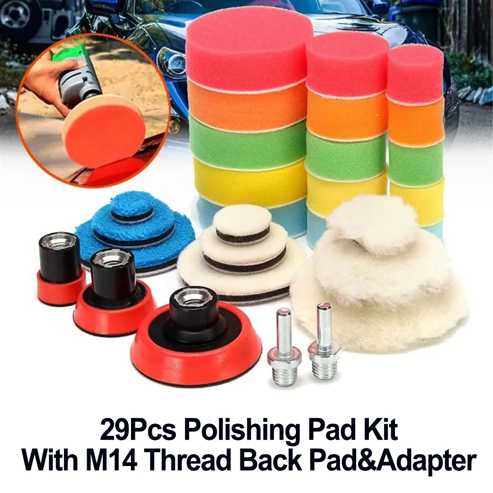 29Pcs Car Foam Drill Polishing Pad Kit Drill Adapter Power Tool Car Polisher 1/2/3 Inch Buffing Pad Set Auto Detailing Pads