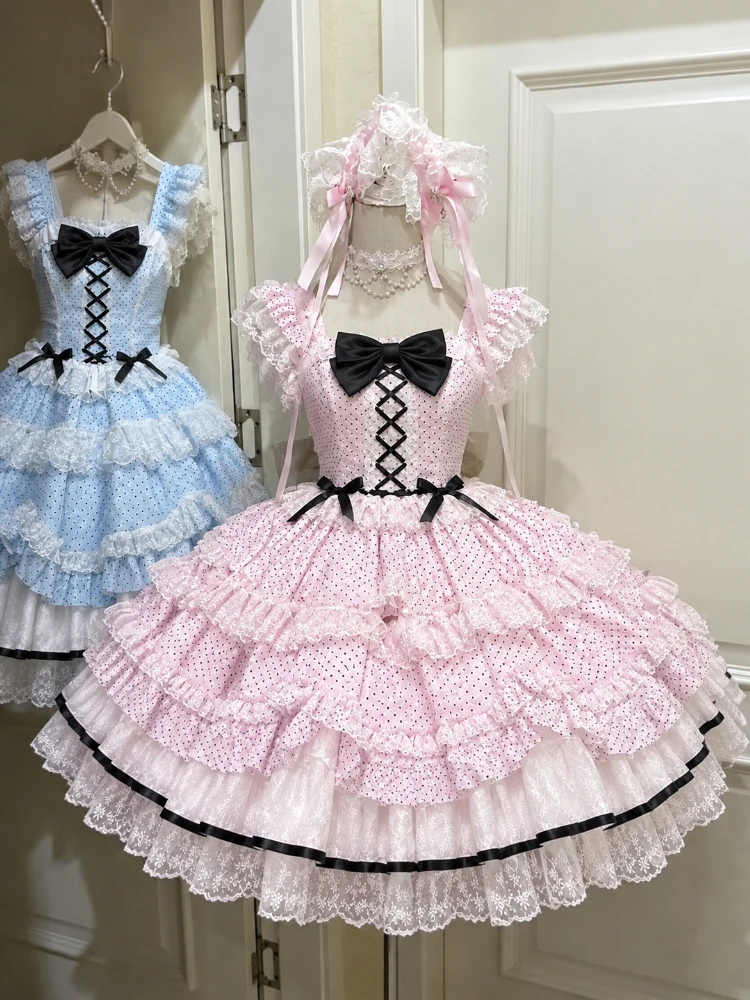 Cute Japanese Lolita JSK Strap Dress Girls Holiday Party Cosplay Outfit Y2K Vintage Lace Sleeveless Aline Fashion Dress New