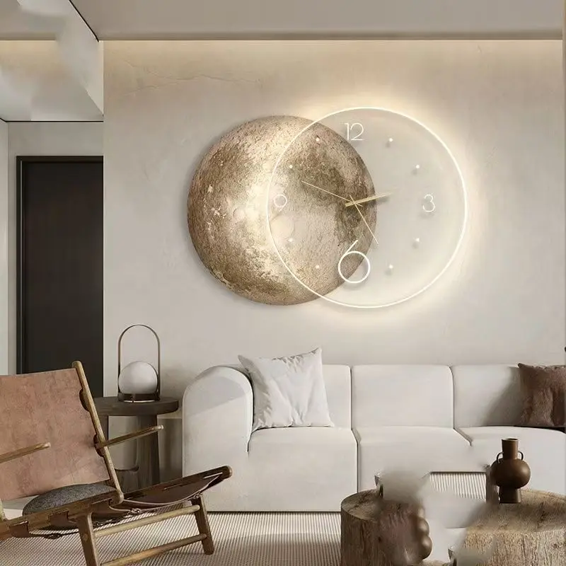#90X65CM Wabi-sabi Style Living Room Decorative Painting Moon LED Clock Wall Clock for Sofa Backdrop