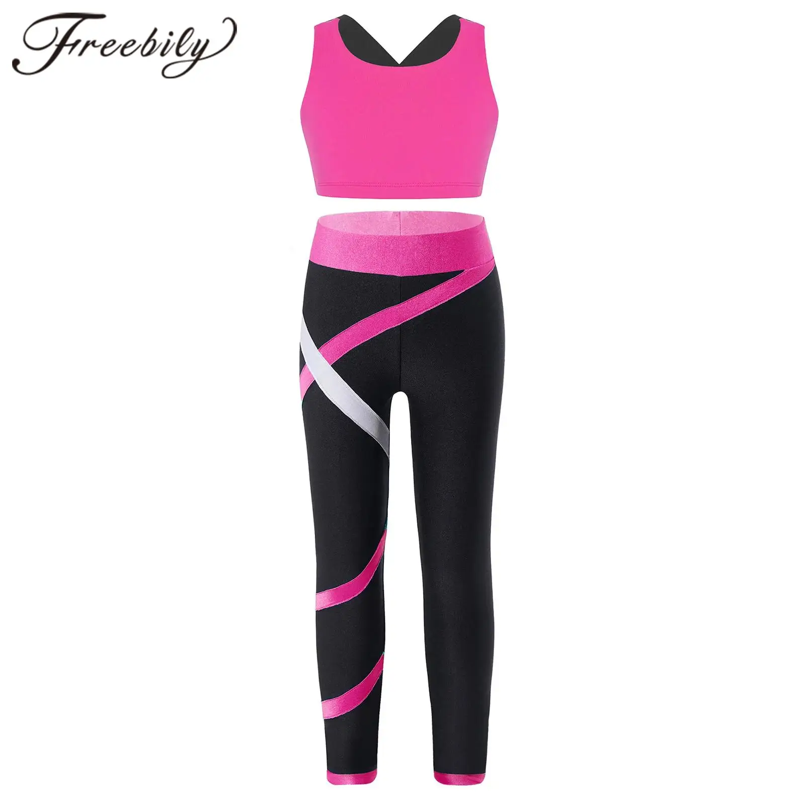 Kids Girls Athletic Sports Set Color Block Gymnastics Outfits Children's Sport Suits Yoga Pants for Dance Workout Tracksuit