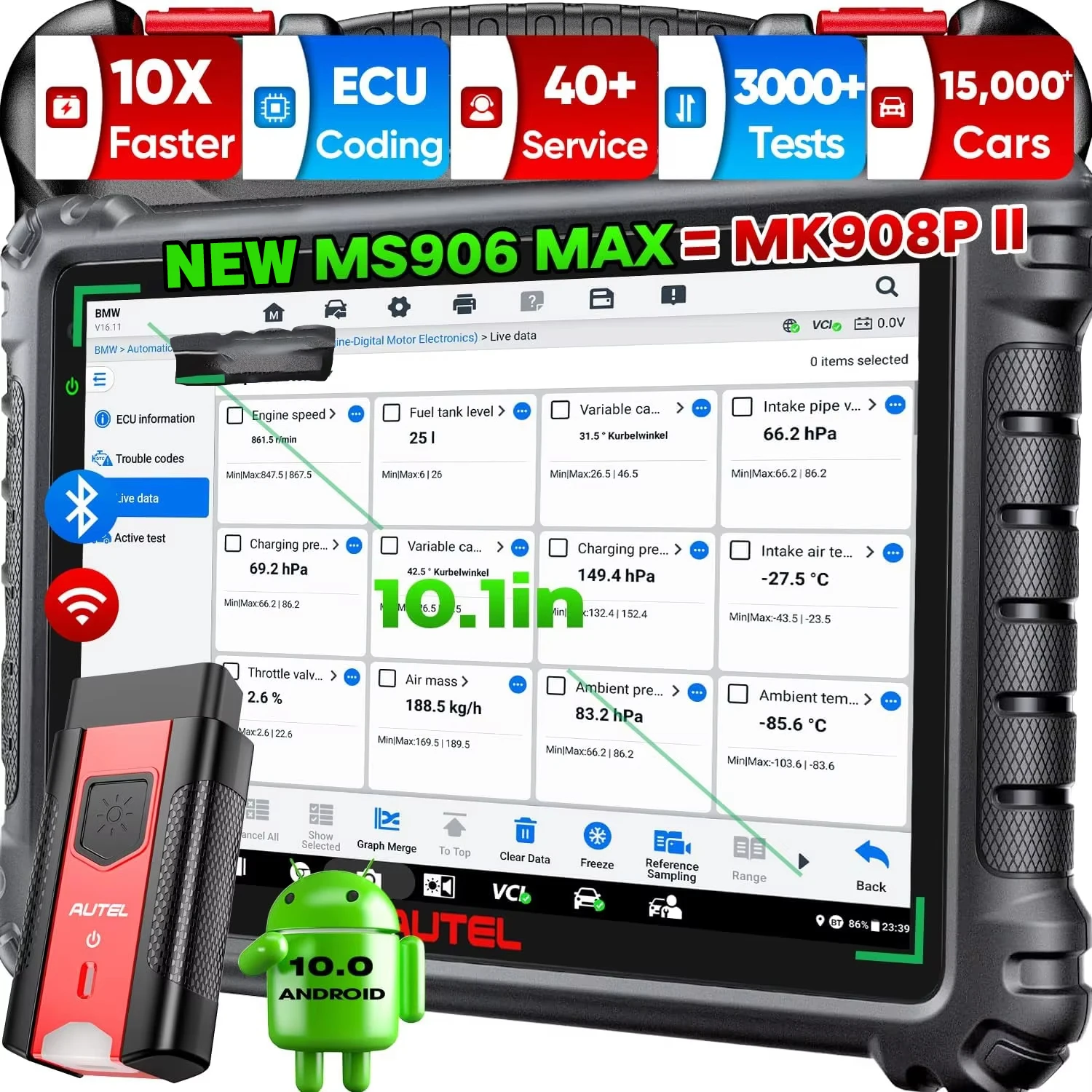 Autel MaxiSYS MS906 MAX Automotive Diagnostic Tools ECU Coding 10.1 Inch,40+ Service,Bi-Directional Scanner Upgrade of MS906 PRO