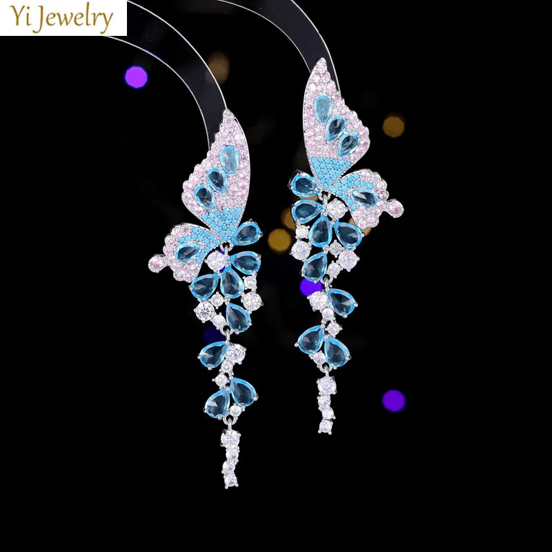

sparkly zirconia butterfly earrings wedding bride long large earrings pink blue purple leaf flower luxury jewelry