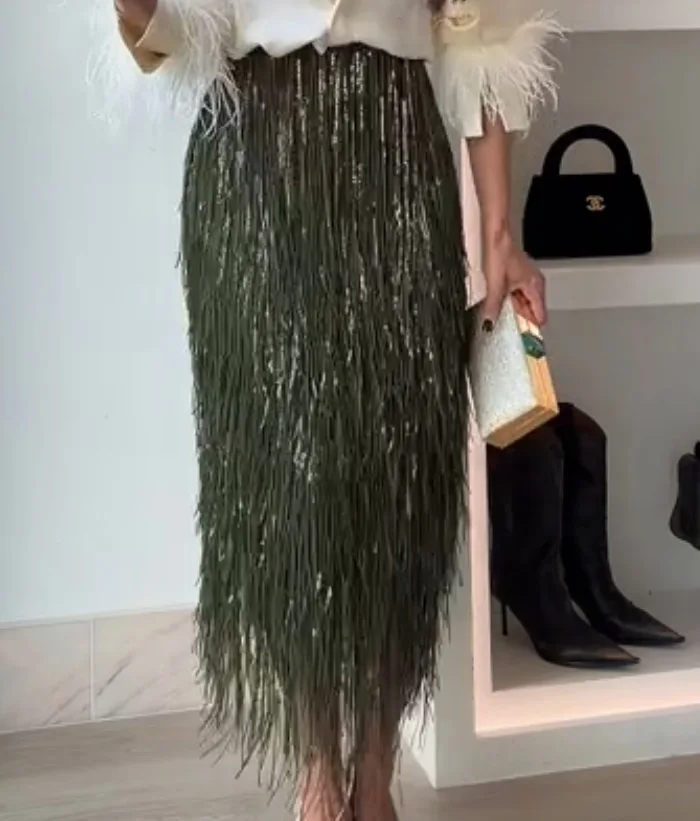 Women Chic Tassel Sequin Irregular Long Skirt High Waist A-line Casual Skirts 2026 Summer Autumn Lady Shiny Street Party Clothes