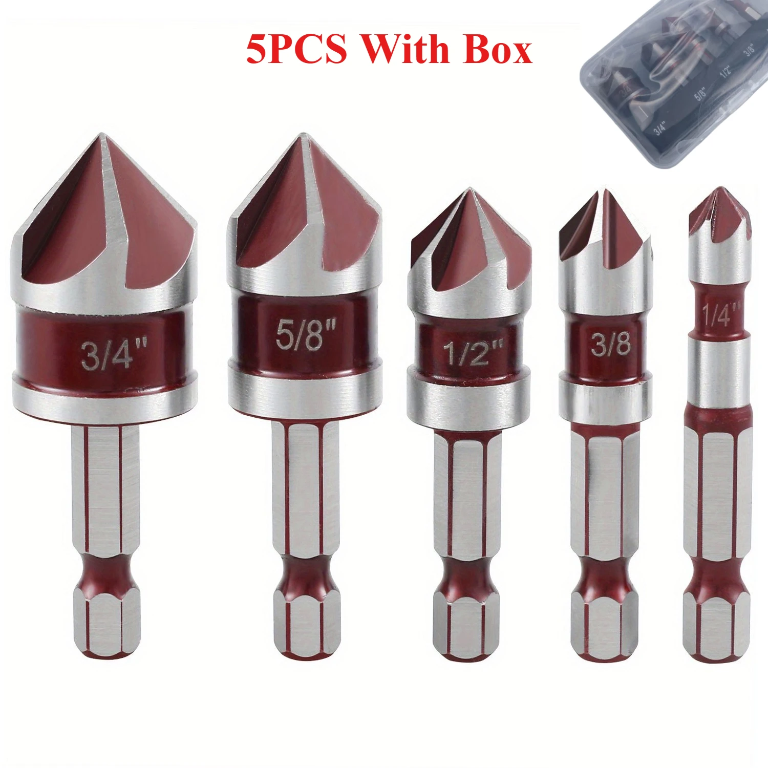 

Набор сверл с зенковкой из кобальта M35, 5 шт., 5 канавок 82 ° Шестигранный хвостовик 1/4 дюйма 1/4 3/8 1/2 5/8 с держателем для хранения для обработки металла
