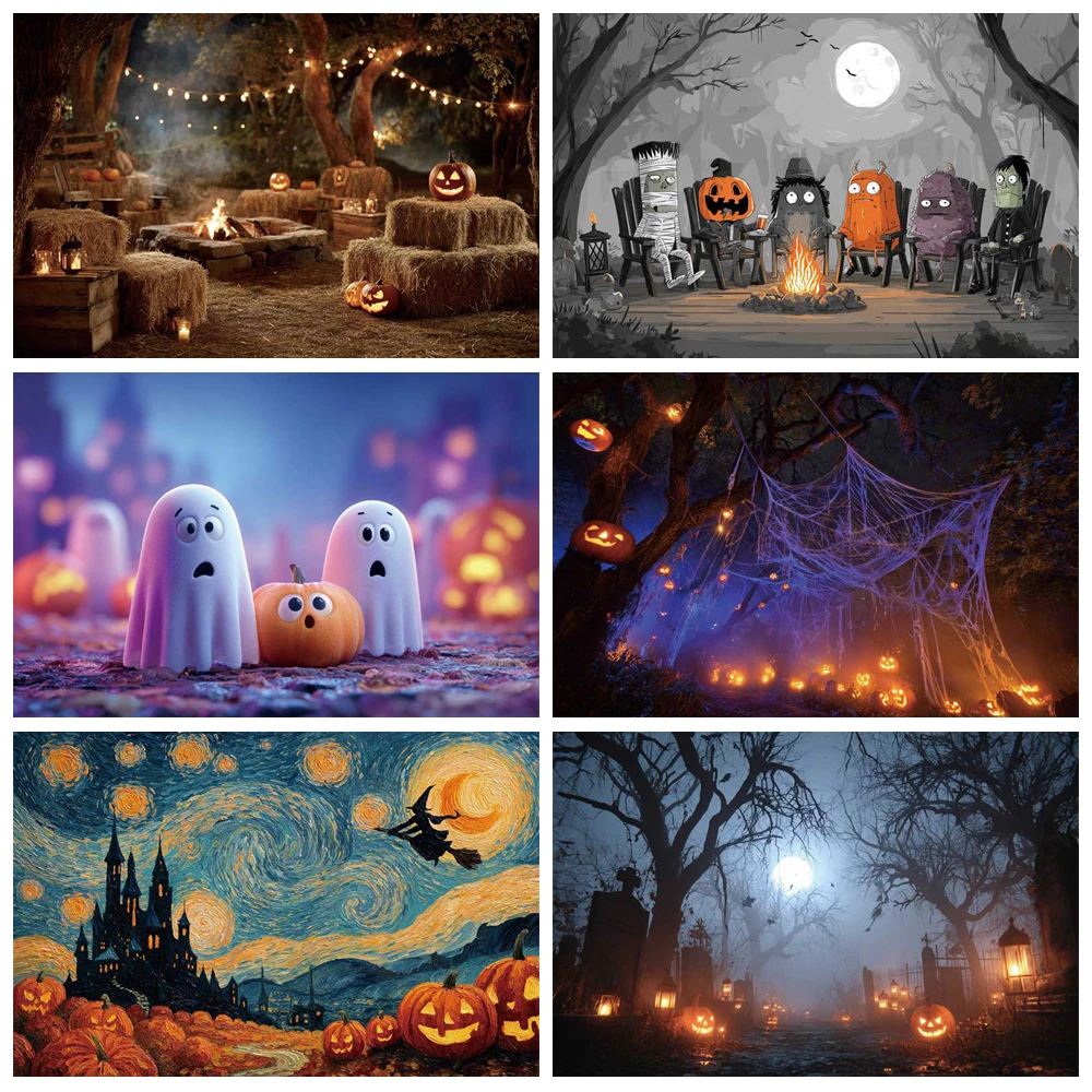 

MOON.QG Halloween Decor Photography Backdrops Misty Forest Pumpkin Castle Backgrounds Party Supplies Decoration Phopto Studio