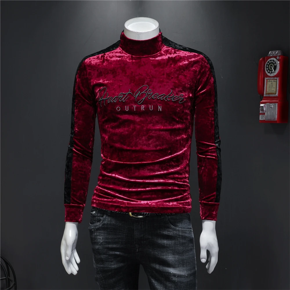 Embroidered Letters High-End Luxury Long Sleeved T Shirt For Men Autumn New Quality Velvet Soft Comfortable Turtleneck Camisetas