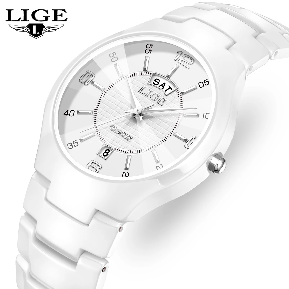 LIGE New Women's Watch Ceramic Fashion Elegant Ladies Watch Weekly Calendar Clock Watch for Women Quartz Wristwatch Lady Watch