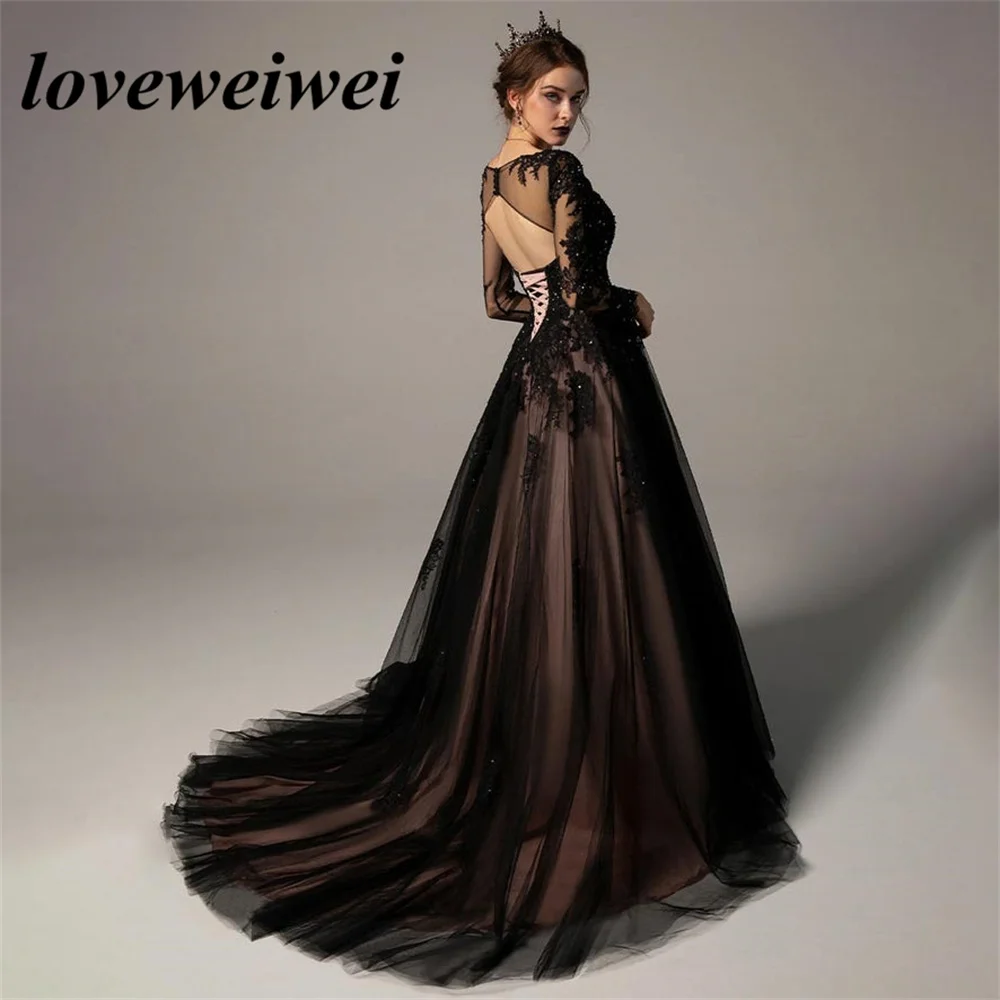 Robe de Bal Noire Gothique en Dentelle, Tenue de Soirée Sexy, Dos aux, Ligne A, Col en V, Manches sulf, Tulle