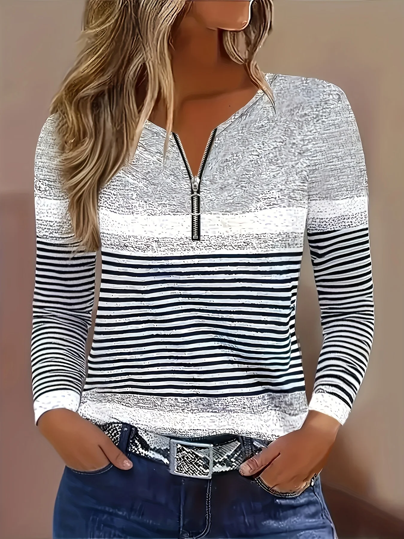 Stylish Plus Size Women's Striped Zip-Up Henley Top for Effortless Casual Chic