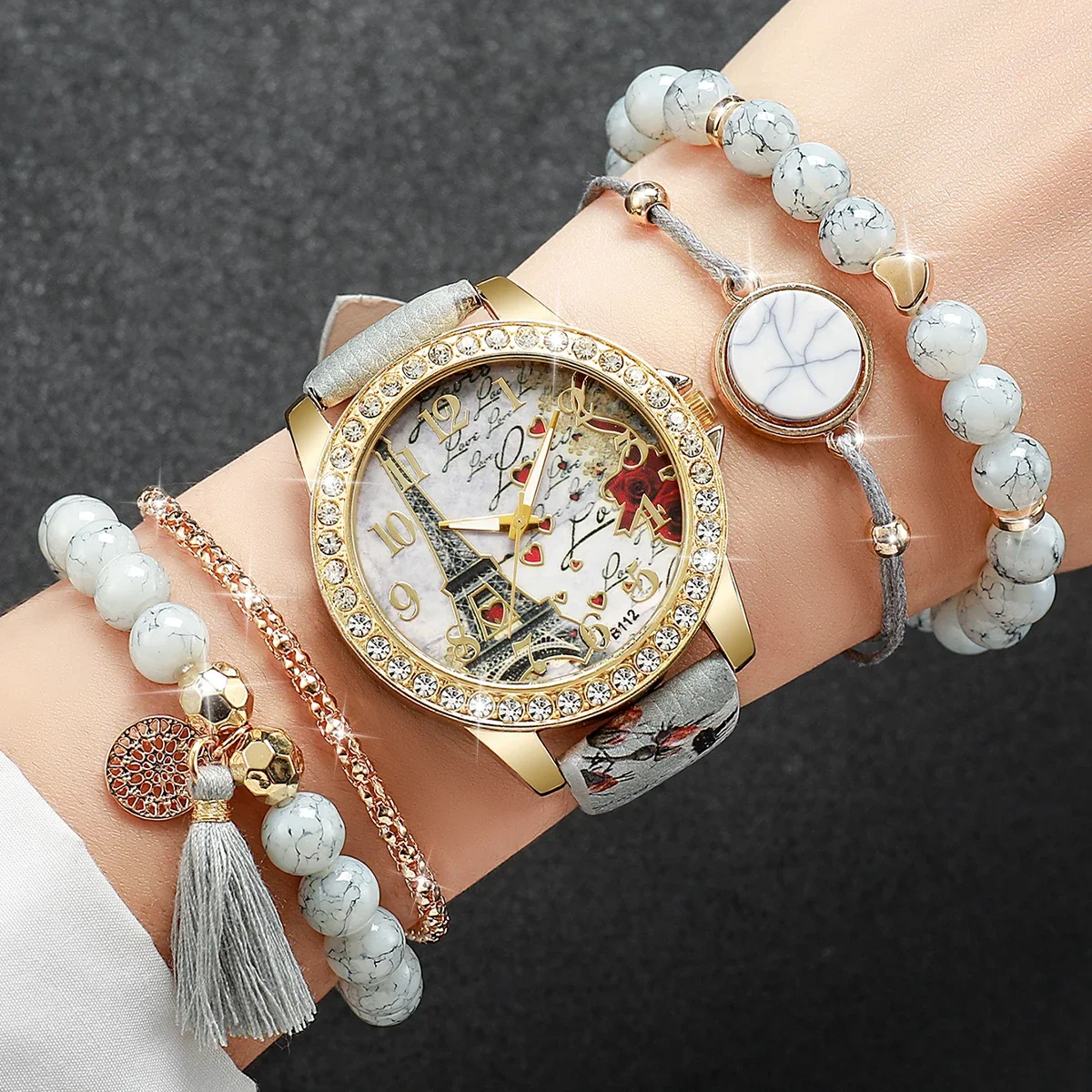 4Pcs Women Watch Jewelry Set Eiffel Tower Print PU Band Quartz Wristwatch Beaded Bracelet Set Boxes Not Included