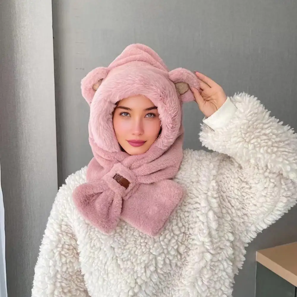 Thermal Winter Hat Thermal Elastic Scarf Hat with Bear Ear Decor Autumn Winter Warm Headwear 2-in-1 Outdoor Skiing Camping