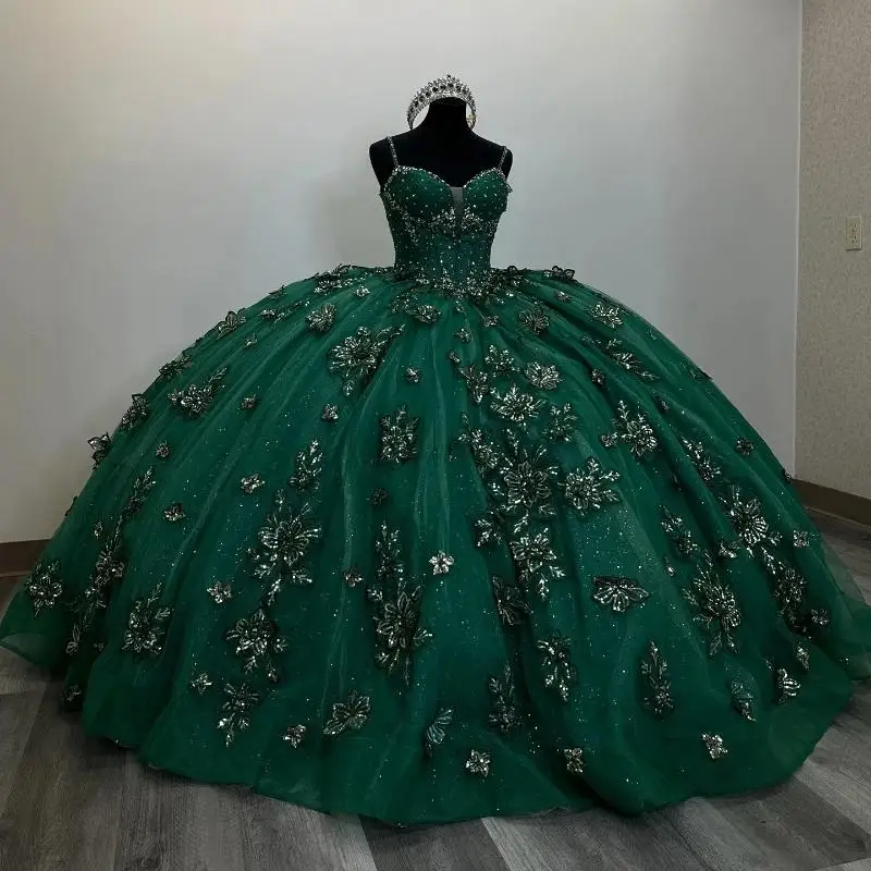 

Blackish Green GlitterTassel Ball Gown Quinceanera Dresses Spaghetti Strap Appliques Crystal Beading Tull Sweet 16 Dress Vestido