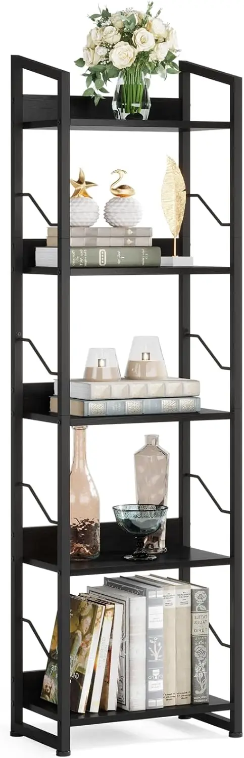 Book Shelf Small Bookshelf: 3-Tier Wood Bookcase Industrial Bookshelf with Edge Protection Metal Narrow Organizer Display Rack