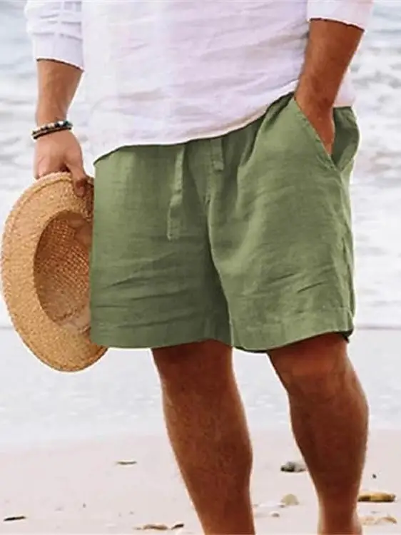 

High Quali Cotton Linen Breathable Cool Dstring Color Sports Casual orts Men Beach Five-Quarter Mid-Pants