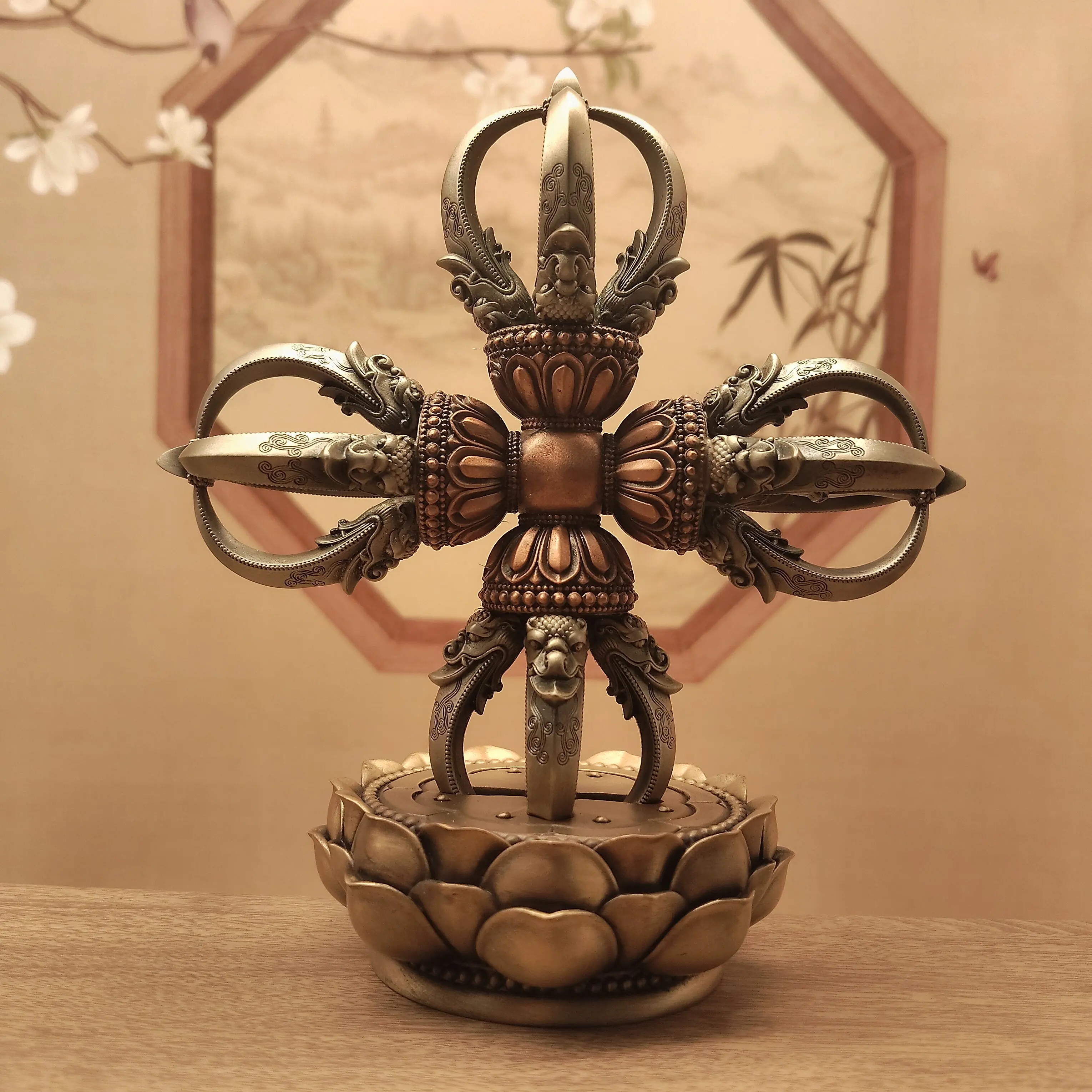 Tibetan Pure Copper Five-Prong Vajra Cross Vajra with Lotus Base 13cm Home Altar Ritual Blessing