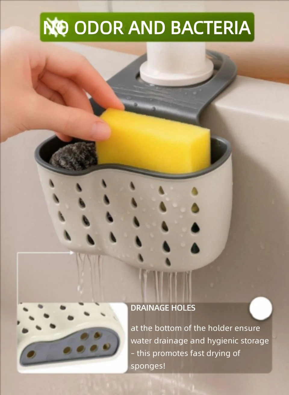 No Drilling Kitchen Sponge & Soap Holder for Sink, Wall Mount Rustproof Space Saving Organizer Caddy