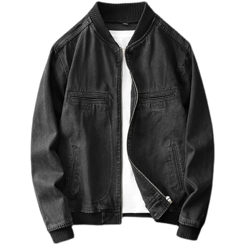 

Spring New Sle Men's Denim Jaet Trendy Brand Stand Collar Baseball Loose Zipper Motorcycle Casual Retro Jaet