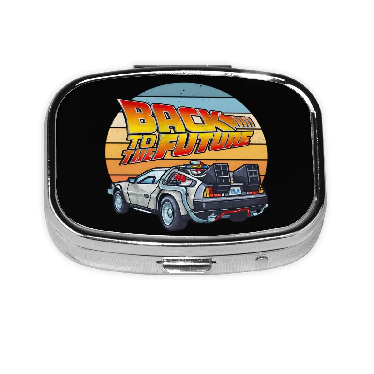 العودة إلى المستقبل صندوق حبوب معدنية مدمج لفيلم كوميدي الخيال العلمي 2-مقسم حاوية منظم حبوب مربع للمحفظة #6