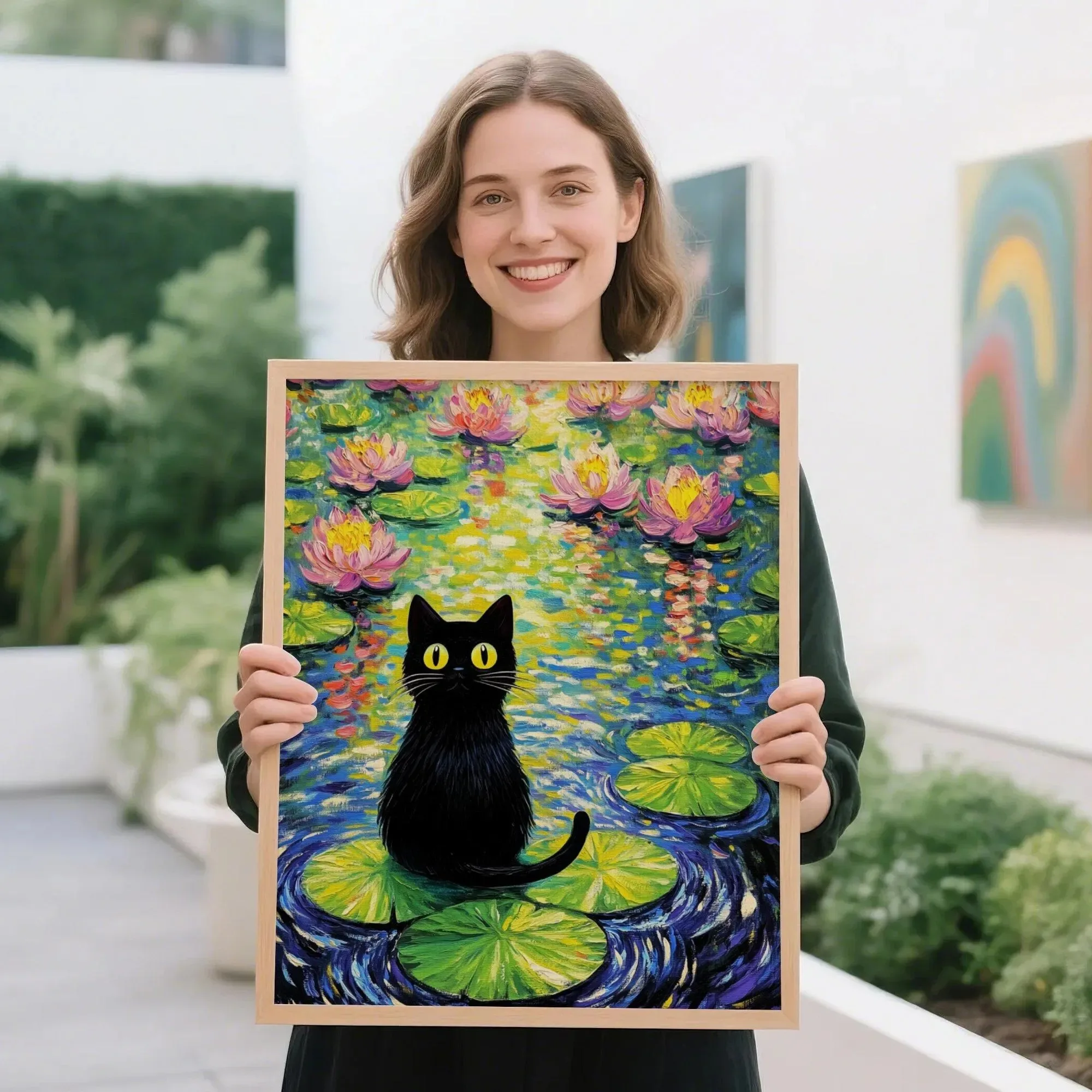 

Black cat print wall art Monet water lily cat print fun black cat art home decor gift for her suitable for bedroom living room