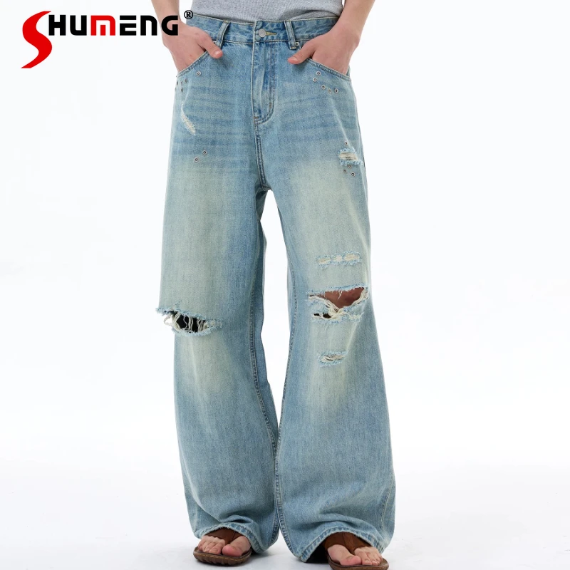 Calças Jeans Rasgadas Unissex 2026 Verão Novo Modelo Reto Solto Perna Larga com Zíper Estiloso e Moderno