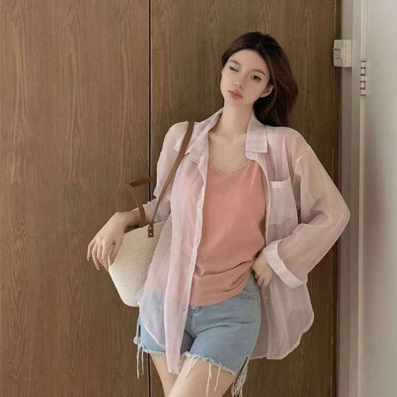 Summer Woman Clothes Long Sleeve Thin Outerwear Chic Sunscreen Shirt Elegant Striped Loose Korean Fashion Comfortable All-match