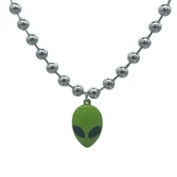 Y2K Cyber Chunky Bead Chain Green Alien Face Charm Choker Necklace 90's Punk Gothic UFO Choker Necklace for Women Men