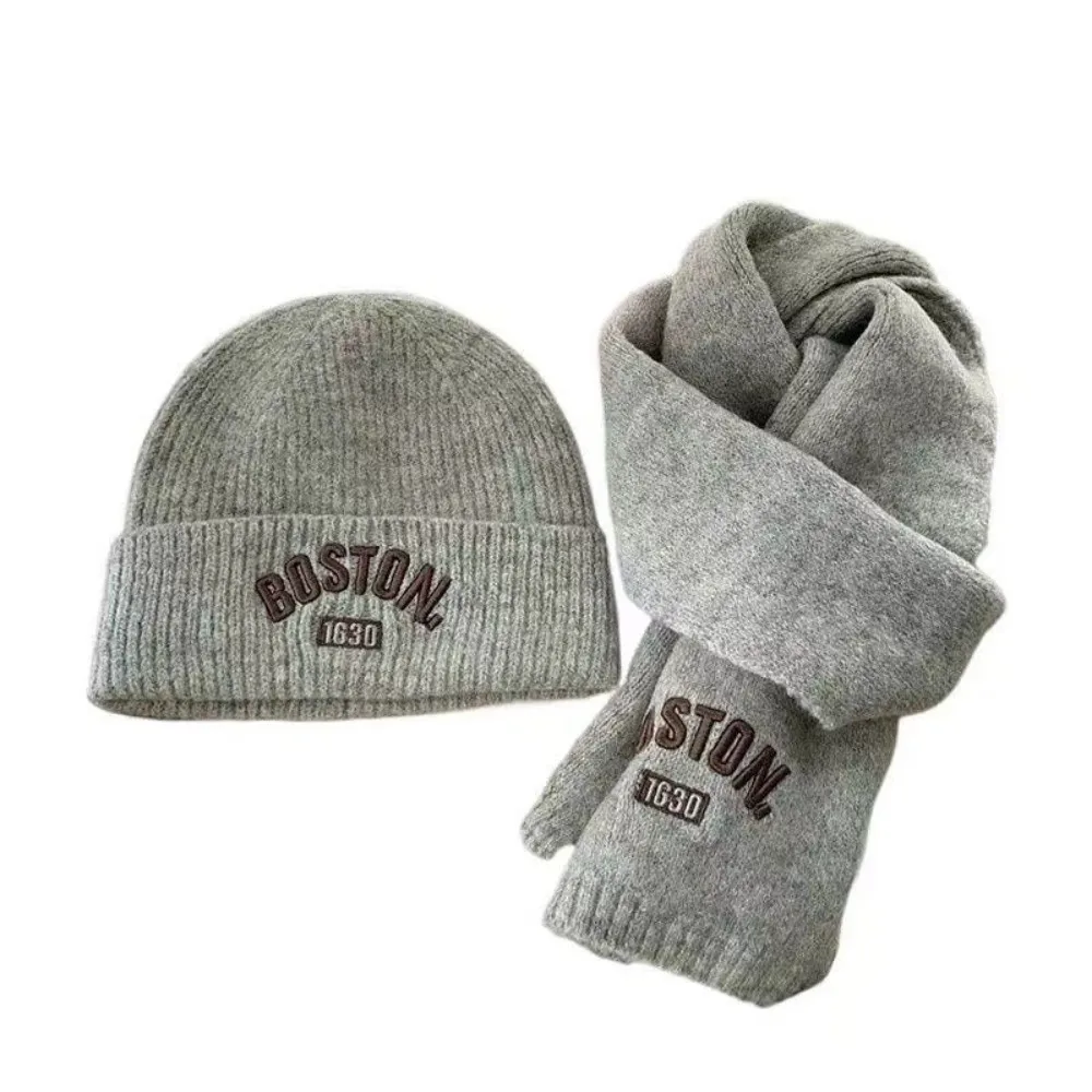New BOSTON Embroidery Scarf Hat Set Windproof Coldproof Pullover Cap Warm Neck Warmer Autumn and Winter