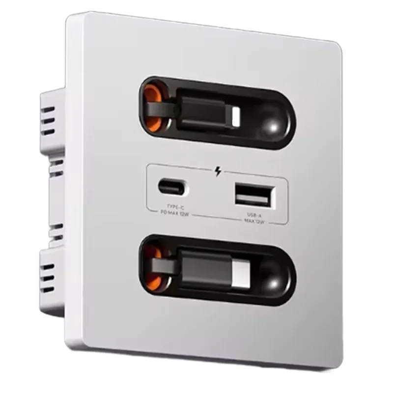 

【Sleek Design】Universal 12W Wall Panel Socket With Retractable Usb-A Usb-C Charging Cable, Type C Outlet For Mobile Phone Tablet