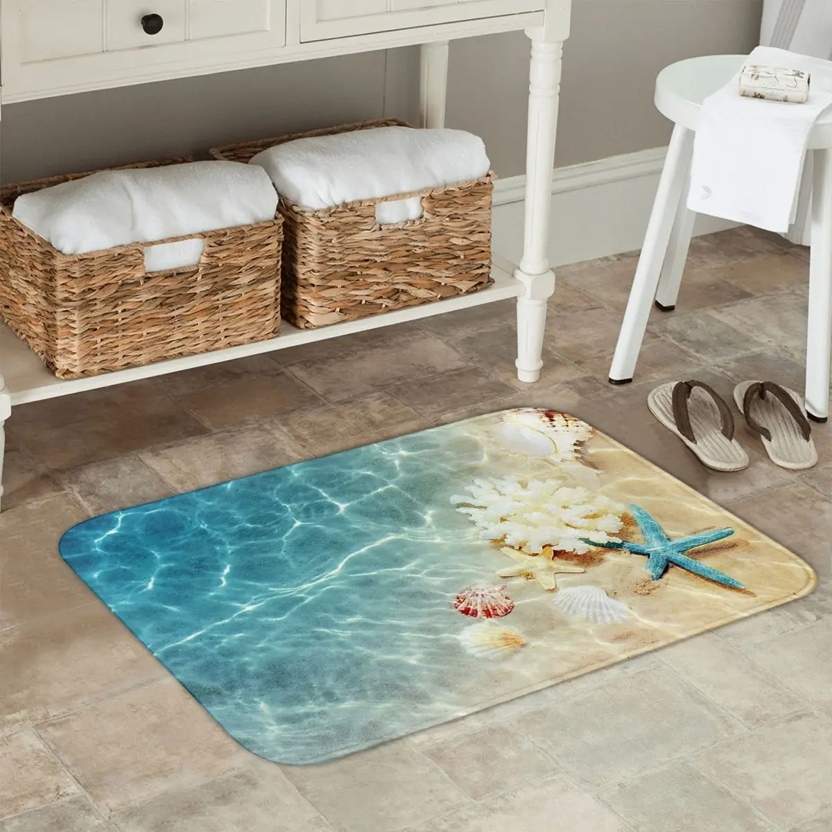 Beach Starfish Shell Non-slip Doormat Floor Mat Washable Carpet Rug for Kitchen Entrance Home Bedroom Footpad Mats