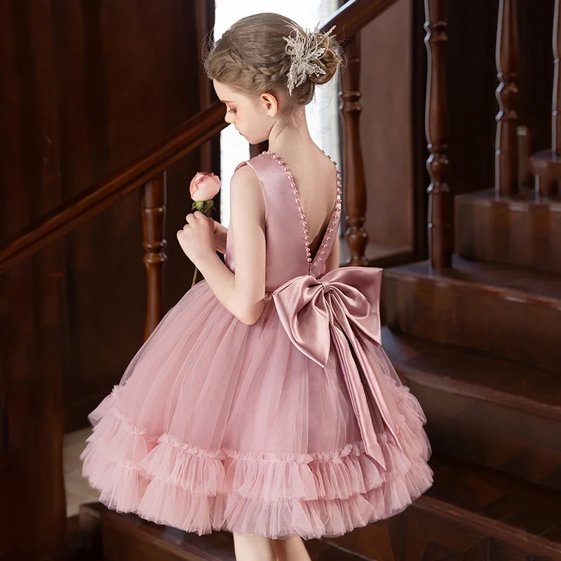 

Розовое платье принцессы с бантом для девочек, элегантное сетчатое свадебное платье, платье подружки невесты, костюм для фортепиано, детское платье на день рождения для девочек