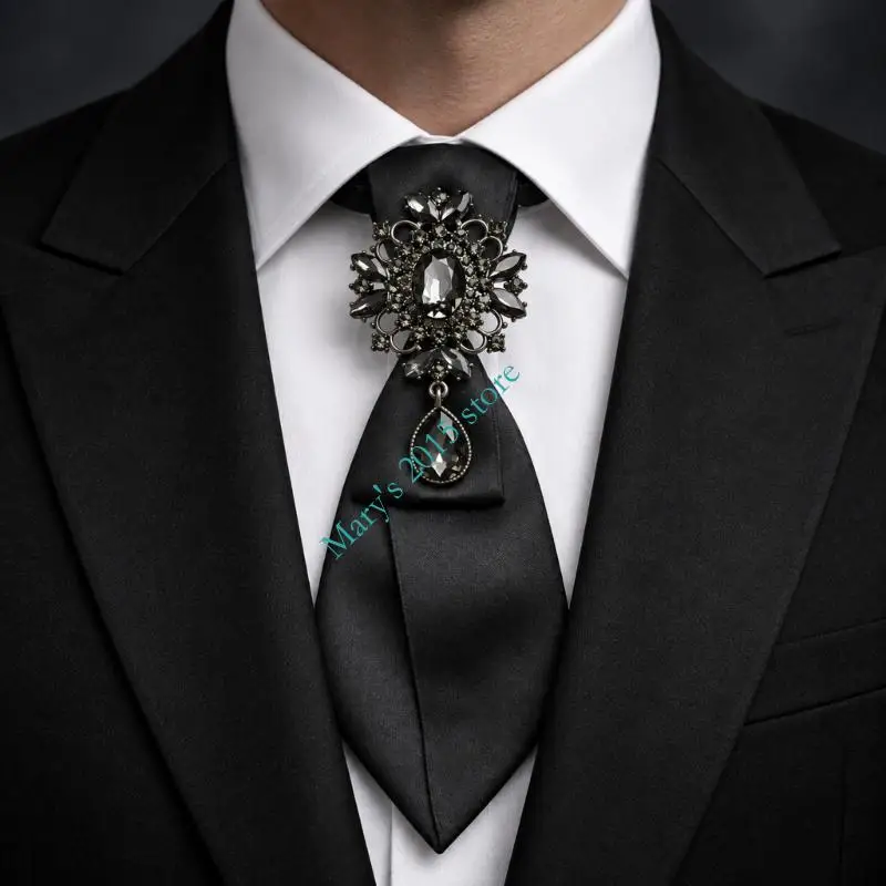 Jeweled Formed Necktie with Adjustable Neck Strap and Side-Release Clasp for Parties and Stage Show Styling Looks